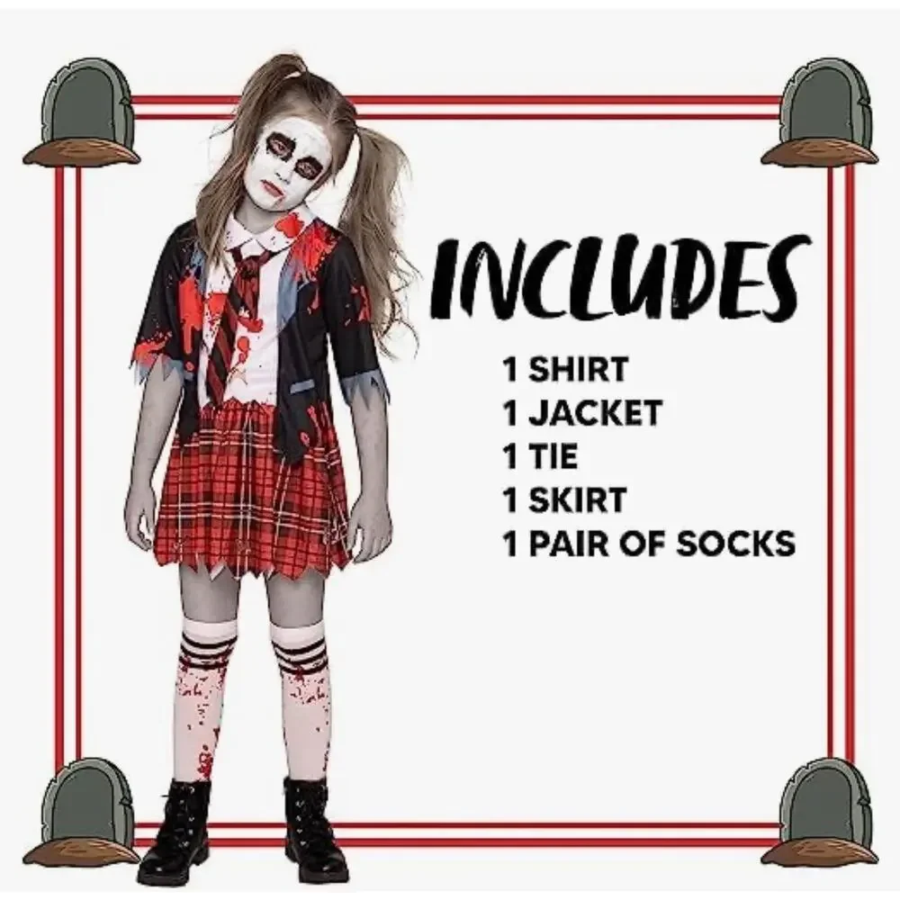 Spooktacular Creations Zombie Schoolgirl Costume Girls Medium 8-10 Halloween NEW
